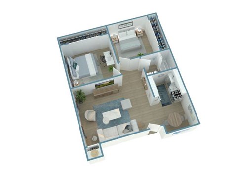 A 3D floor plan of a house with a kitchen, living room, and two bedrooms.