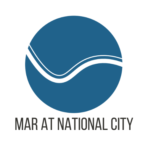 A logo with a blue circle and a white line design, representing Mar at National City.