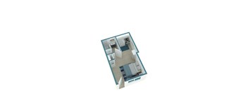 A 3D image of a house layout with a kitchen, living room, and two bedrooms.
