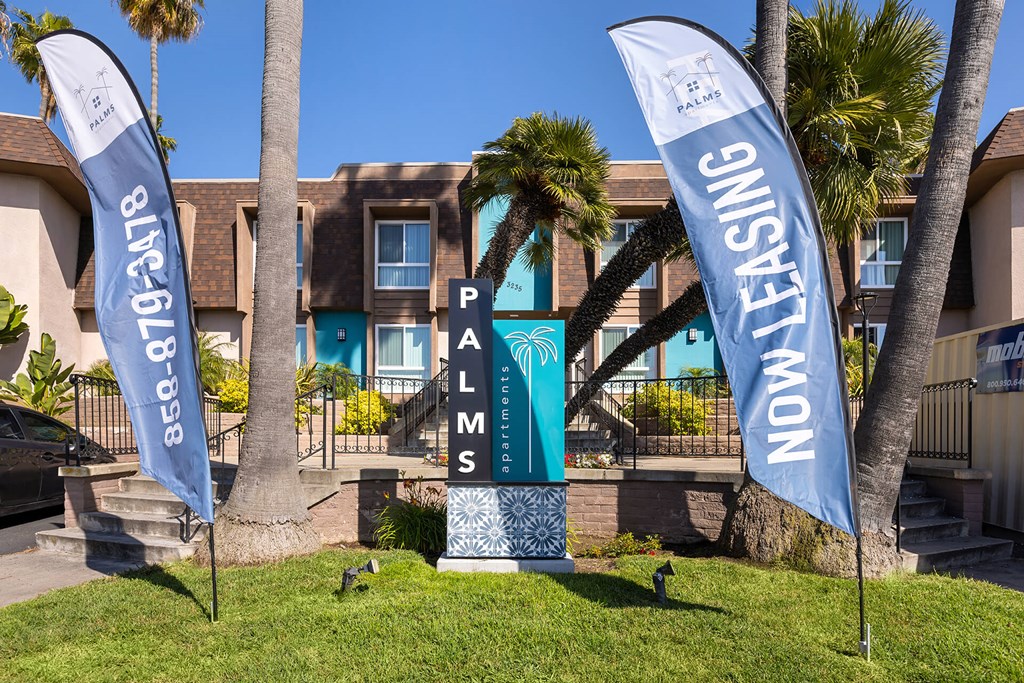 A leasing sign is in front of a building with palm trees.