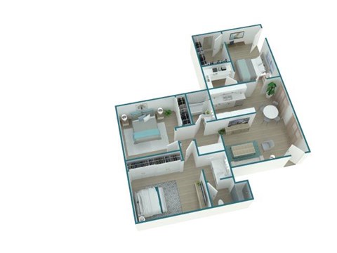 A 3D floor plan of a house with two bedrooms, a living room, a kitchen, and a bathroom.