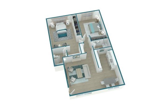 A 3D floor plan of a house with two bedrooms, a living room, a kitchen, and a bathroom.