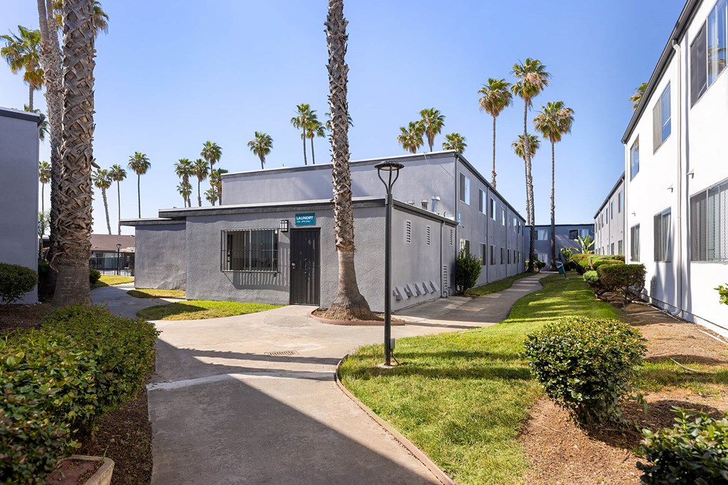 A building with a grey facade is surrounded by palm trees.