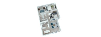 A 3D floor plan of a house with a kitchen, living room, and bedrooms.