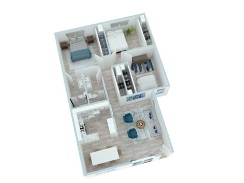 A 3D floor plan of a house with a kitchen, living room, and bedrooms.
