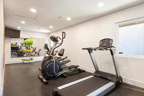 A home gym with a treadmill, exercise bike, and other equipment.