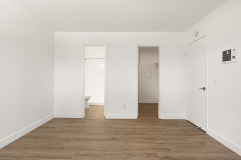A white room with wooden floors and three open doors.