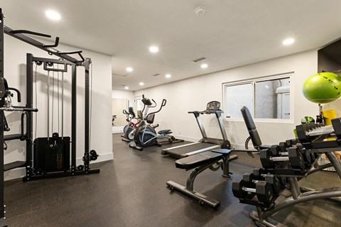 A gym with a variety of equipment including a treadmill, rowing machine, and weight machines.