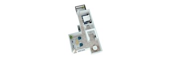 A top-down view of a house with a living room, kitchen, and bedrooms.