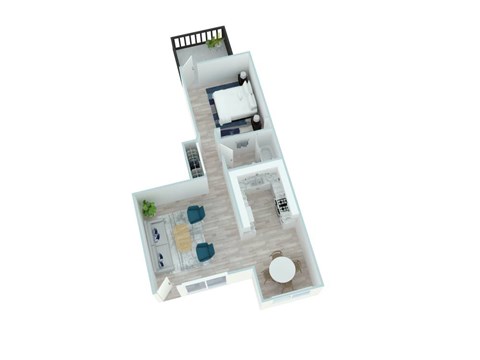 A top-down view of a house with a living room, kitchen, and bedrooms.