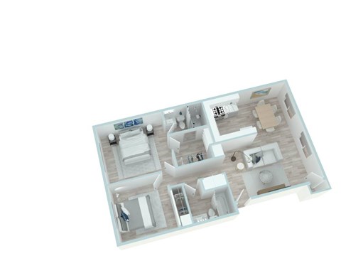 A 3D floor plan of a house with a kitchen, living room, and two bedrooms.