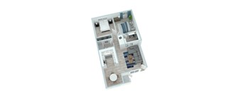 A 3D floor plan of a house with a kitchen, living room, and bathroom.