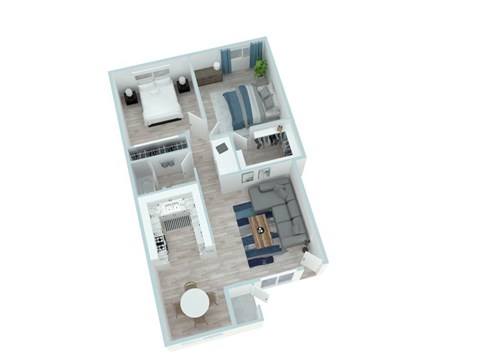 A 3D floor plan of a house with a kitchen, living room, and bathroom.