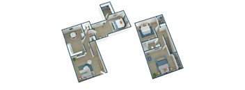 A 3D floor plan of a two-story house with a kitchen, living room, and bedrooms.