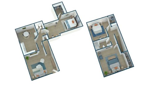 A 3D floor plan of a two-story house with a kitchen, living room, and bedrooms.
