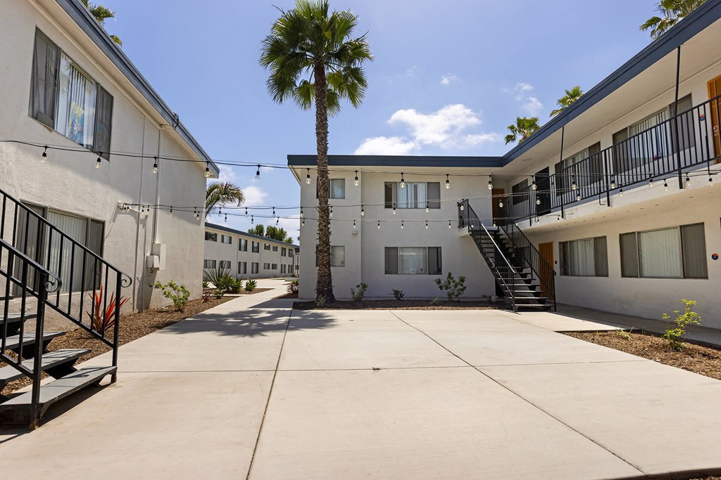 A sunny day at the apartment complex with a palm tree in the middle.