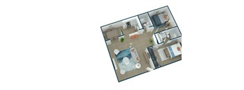 A top-down view of a house with a kitchen, living room, and bathroom.