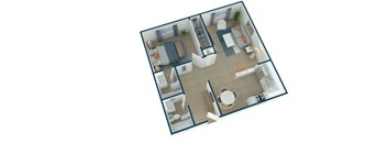 A 3D floor plan of a house with a kitchen, living room, and two bedrooms.