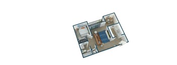 A blue and white floor plan of a house with a kitchen, living room, and bathroom.
