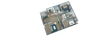 A top-down view of a house layout with a kitchen, living room, and bedrooms.