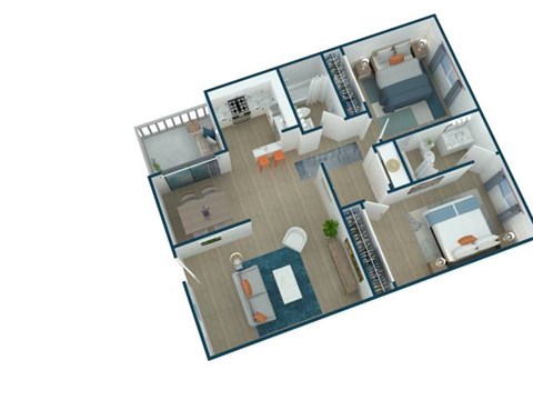 A top-down view of a house layout with a kitchen, living room, and bedrooms.