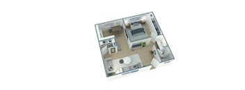 A 3D floor plan of a small apartment with a bedroom, living room, and kitchen.