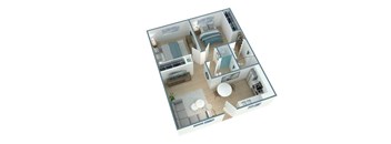 A 3D floor plan of a house with a kitchen, living room, and bedrooms.