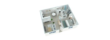 A 3D floor plan of a small apartment with a kitchen, living room, and bathroom.