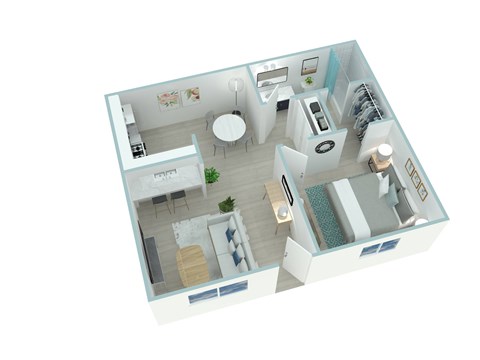 A 3D floor plan of a small apartment with a kitchen, living room, and bathroom.