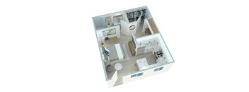 A 3D floor plan of a house with a kitchen, living room, and bathroom.