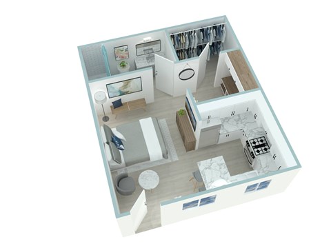A 3D floor plan of a house with a kitchen, living room, and bathroom.