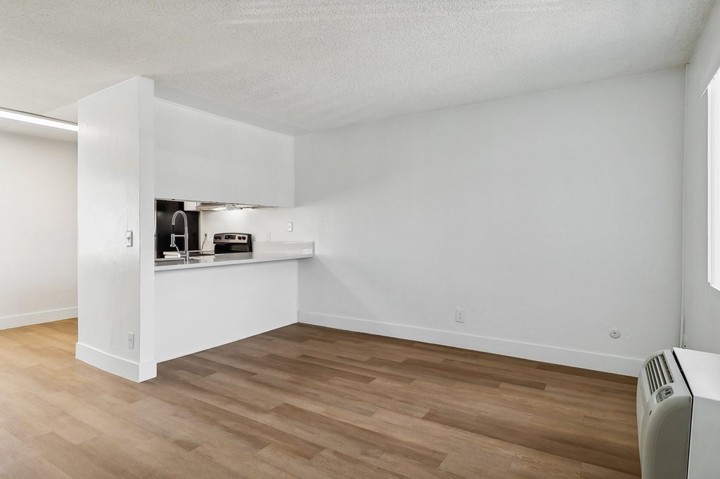 A room with a white wall and a wood floor.