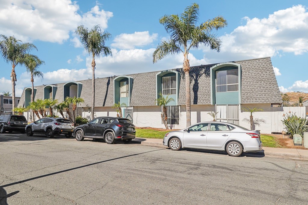 A silver car is parked in front of a building with palm trees in the background.