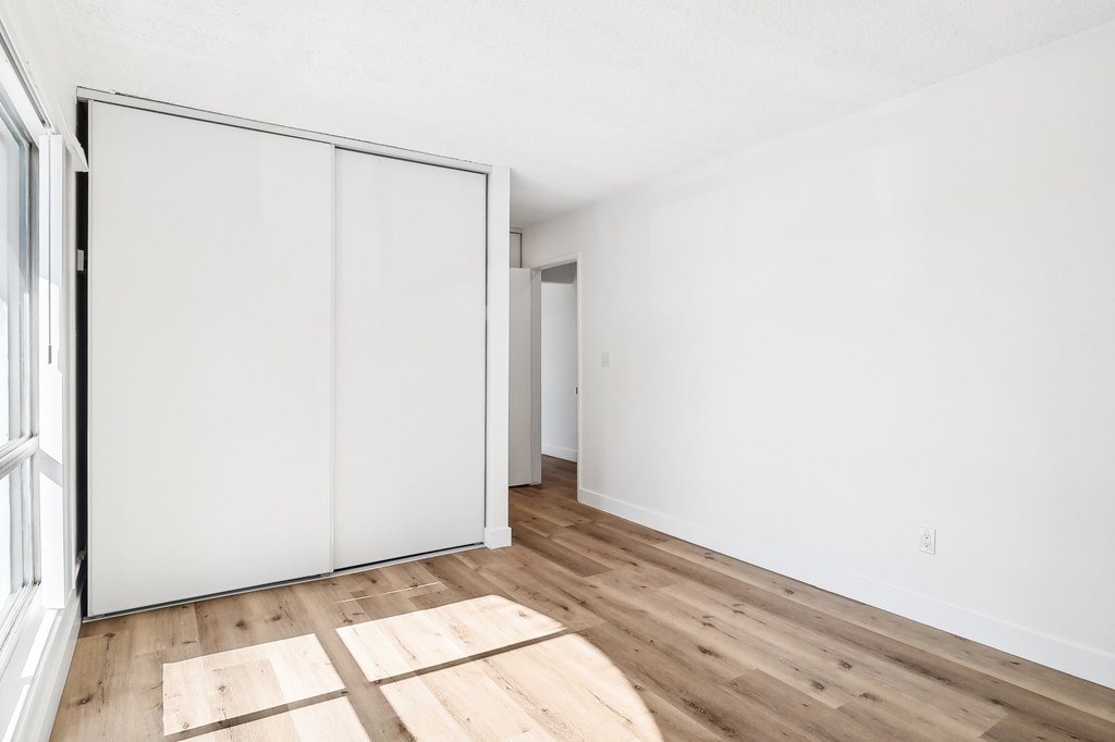 A room with a white wall and a white closet with a white door.