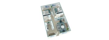 A 3D floor plan of a house with a kitchen, living room, and two bedrooms.