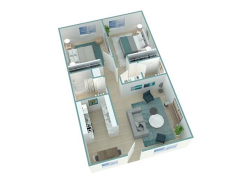 A 3D floor plan of a house with a kitchen, living room, and two bedrooms.