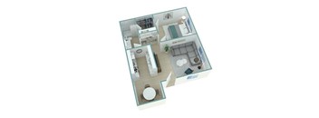 A 3D floor plan of a house with a kitchen, living room, and bathroom.