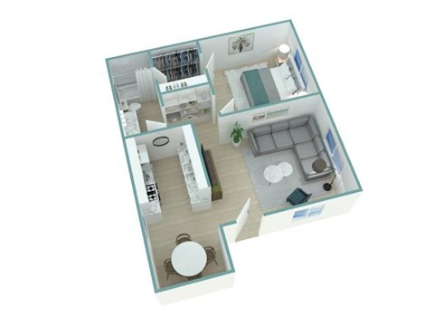 A 3D floor plan of a house with a kitchen, living room, and bathroom.