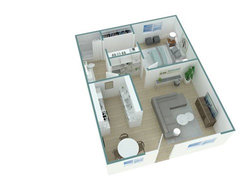 A 3D image of a dollhouse with multiple rooms.