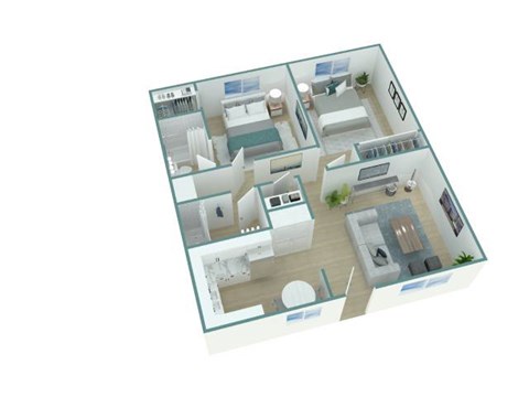 A 3D floor plan of a house with multiple rooms.