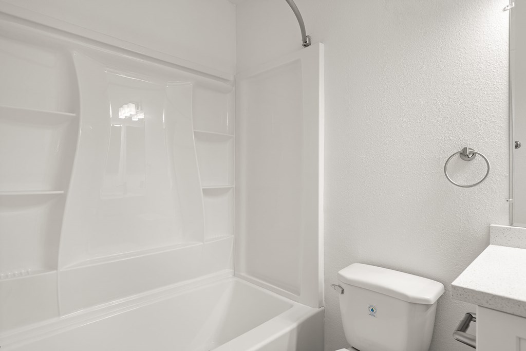 A white bathroom with a toilet and a shower.