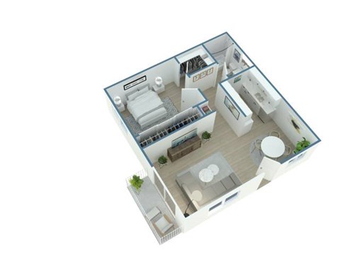 A 3D floor plan of a house with a kitchen, living room, and two bedrooms.