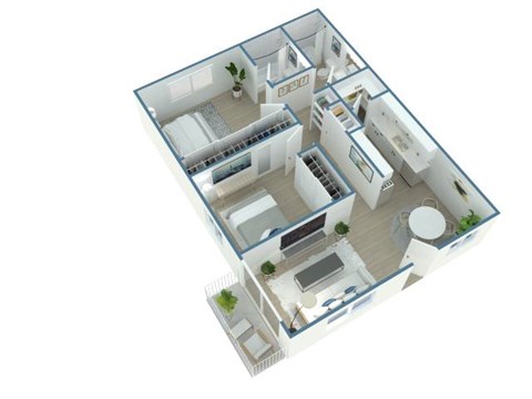 A 3D floor plan of a house with multiple rooms and a kitchen.