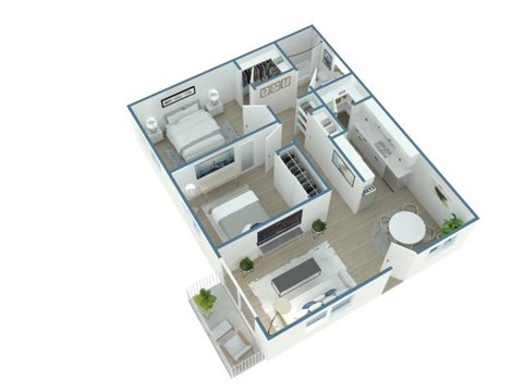A 3D floor plan of a house with a kitchen, living room, and two bedrooms.