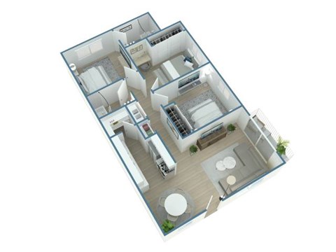 A 3D floor plan of a house with multiple rooms and furniture.