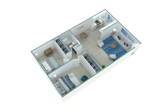 A 3D floor plan of a house with a kitchen, living room, and bathroom.