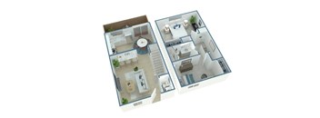 A 3D floor plan of a two-bedroom apartment.