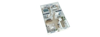 A 3D floor plan of a house with multiple rooms and furniture.