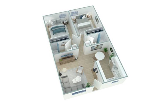 A 3D floor plan of a house with multiple rooms and furniture.