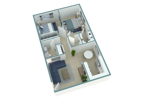 A 3D floor plan of a house with a kitchen, living room, and bathroom.